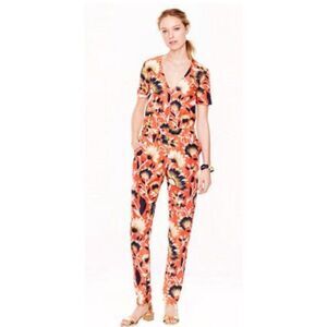 J .Crew Collection Silk Jumpsuit Hibiscus Floral Short Sleeve 4  V-Neck Pockets